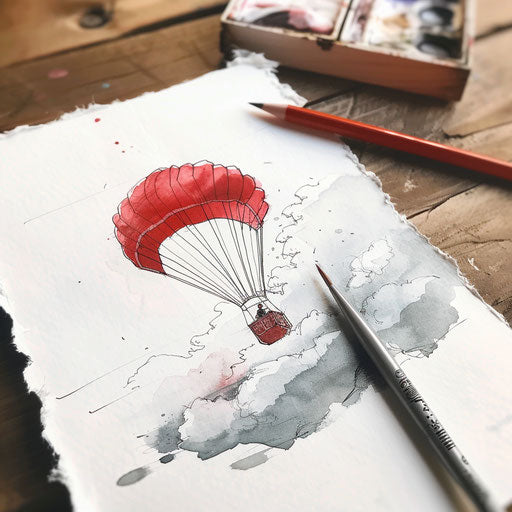 Watercolor sketch of a parachute and clouds, freedom and adventure