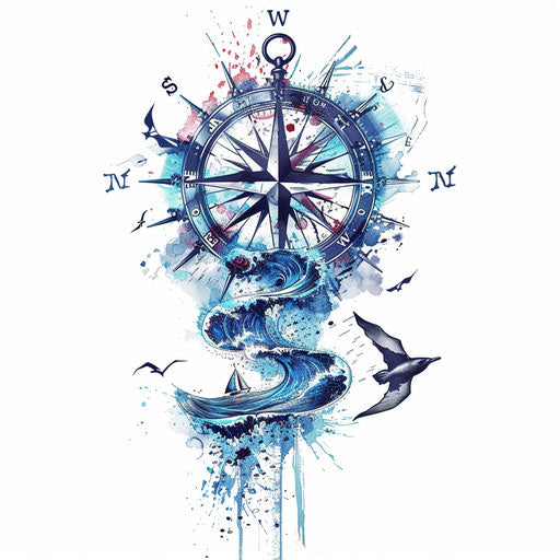 Marine compass rose and nautical symbols in ocean tattoo