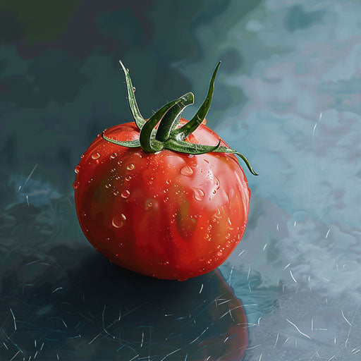 Tomato clipart in photo realistic style with a flat random background, ethereal glow and soft edges