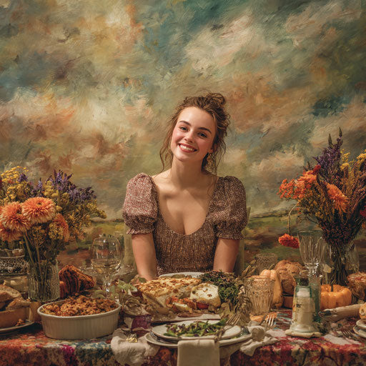 Young woman smiling behind a richly decorated table