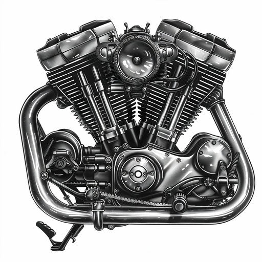 Realistic and detailed tattoo design of a motorcycle engine in greyscale on white