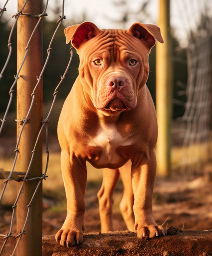 Bully breed dog standing next to fencing outside