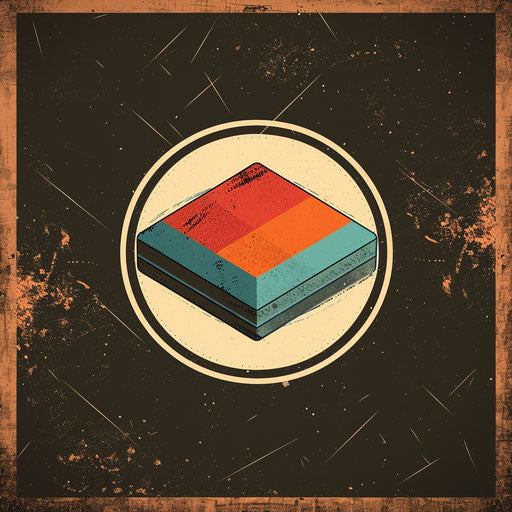 Vintage clothing badge logo with retro colors and textured background