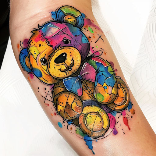 Adorable cartoon teddy bear tattoo in bright colors