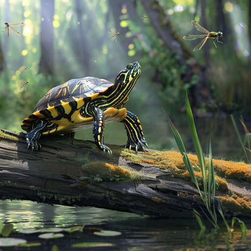 A yellow spotted turtle on a log, with dragonflies buzzing in a calm swamp