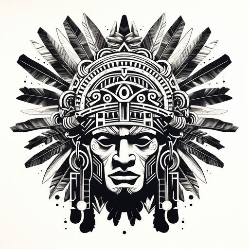 Black and white drawing of Aztec head dress