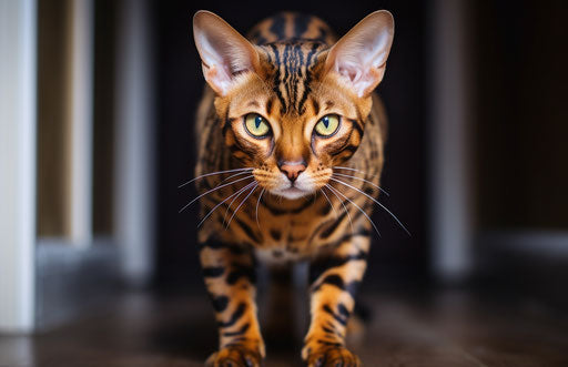 Bengal cat with exaggerated facial features, light orange and dark brown