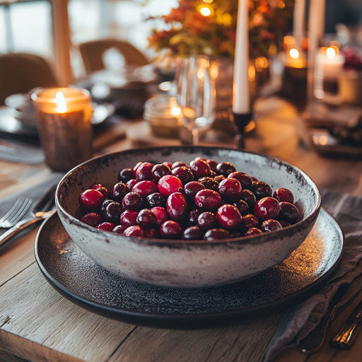 Bowl of cranberries on table with candles and rustic dishes