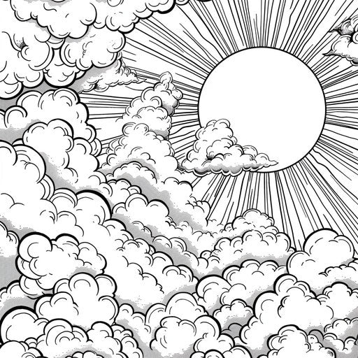 Fluffy clouds with sun - Coloring book page