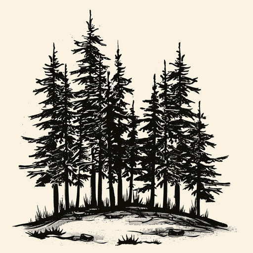 Flat tattoo sketch of rustic woodcut clipart style dense pine forest