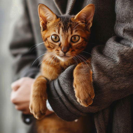 Abyssinian cat held by its owner