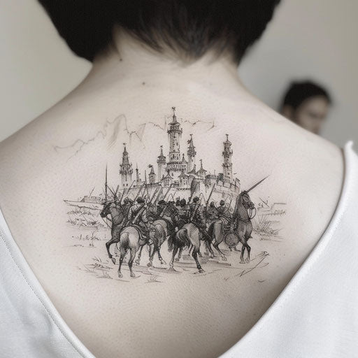 Intricate black ink artwork of soldiers in a battlefield scene