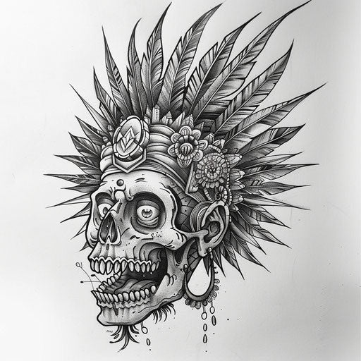 Flat tattoo sketch of a shrunken head with an ornate headdress