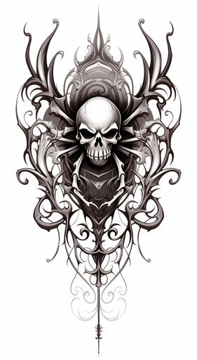 Black and white spider tattoo, rococo style, abstract organic shapes