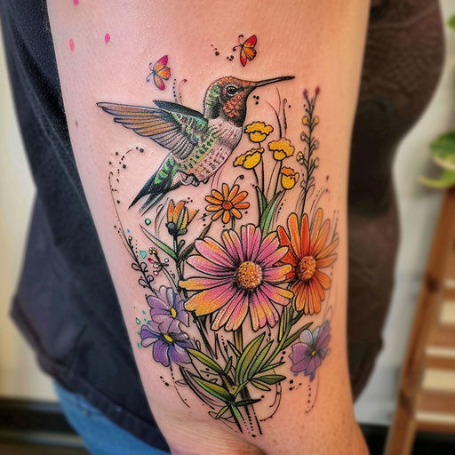 Wildflower tattoo with hummingbird, vibrant colors, dynamic composition