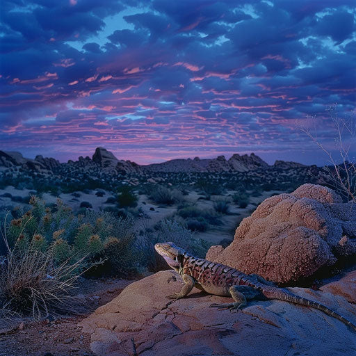 A lizard in a rocky desert at twilight