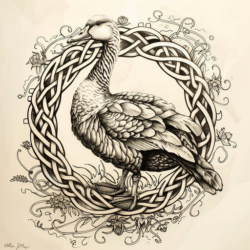 Cultural flat tattoo sketch of a goose with Celtic knots