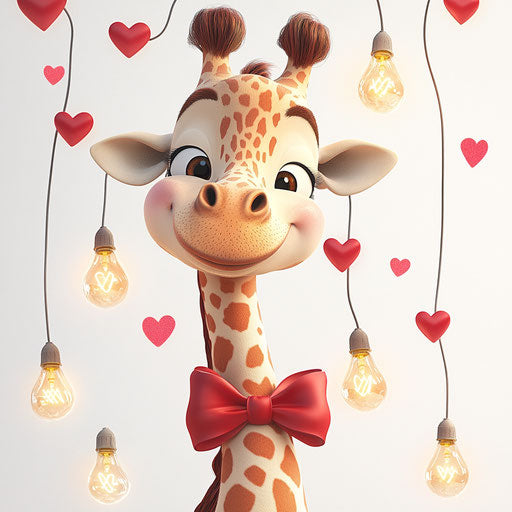 Valentine-themed giraffe with bow tie and light bulbs