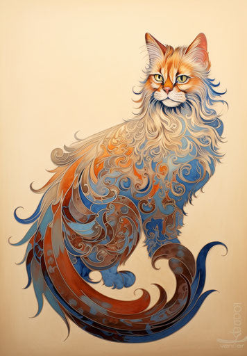 The cat with a big tail on a blue background, in the style of light gold and light crimson, light orange and light brown, jump cuts, light brown, persian miniature, award winning 23:33