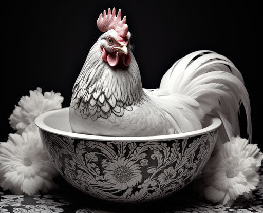 Cartoon chicken in a bowl in B&W photography style