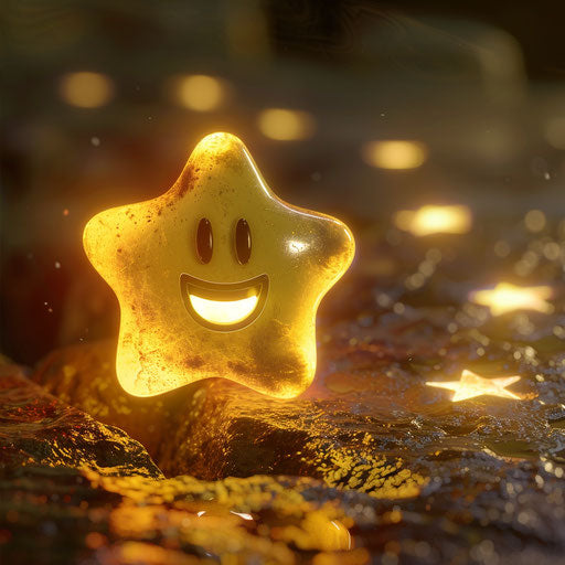 Emo face smiling at a star, light brown and yellow style, princesscore, #screenshotsaturday, 8k 3d, poignant symbolism