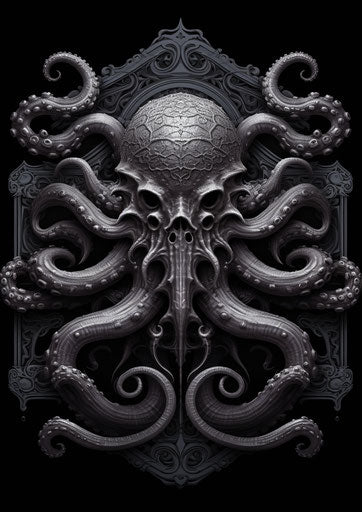 An engraving of an octopus in monochromatic graphic design style