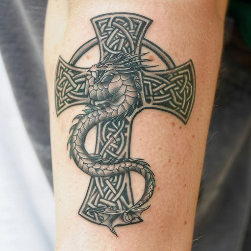 Celtic cross with coiled dragon, symbolizing power and mystery