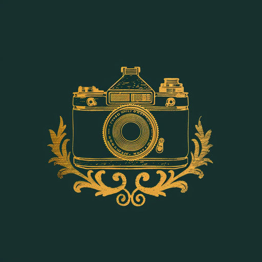 Photologo with a traditional font and classic camera emblem, in dark green and gold