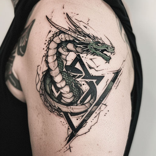 Bold sketch of a rune with fierce dragon in green and black