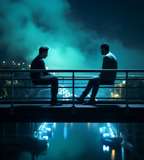 Two men on a bridge talking while sitting on the railing