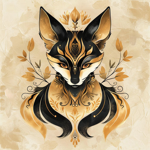 Elegant flat tattoo sketch of a kitsune with symmetrical design in gold and black