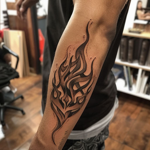 Elbow tattoo of tribal flames, Humberto Ramos style