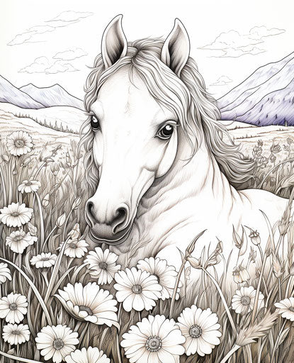 Coloring page of a horse lying in the grass