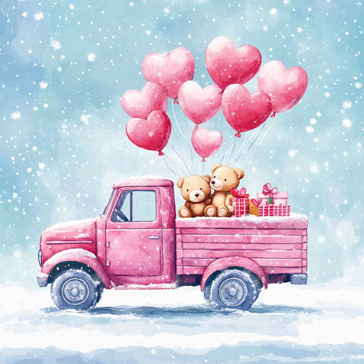 Pink truck with Valentine's gifts and heart-shaped balloons