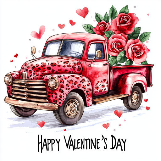 1930 vintage red truck with roses and leopard print, hearts in the background, text 'HAPPY VALENTINE'S DAY' in white letters at the bottom of the clipart