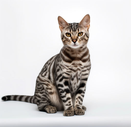 Bengal cat sitting on white background, dark silver and light maroon style, heavy shading, elaborate detailing, masculine, thick texture