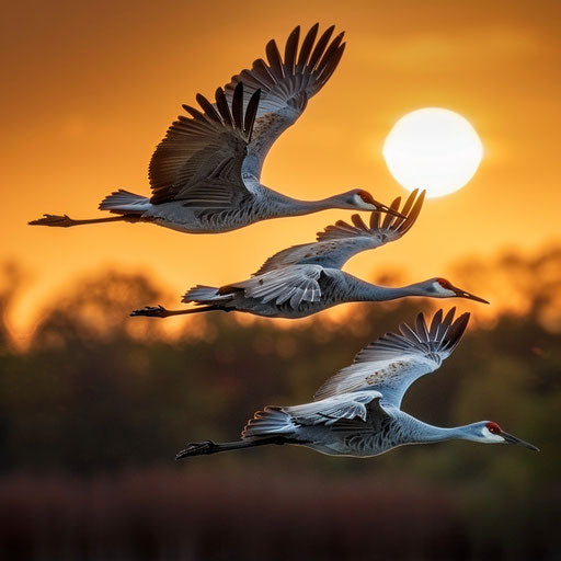 Sandhill cranes with wings outstretched in flight