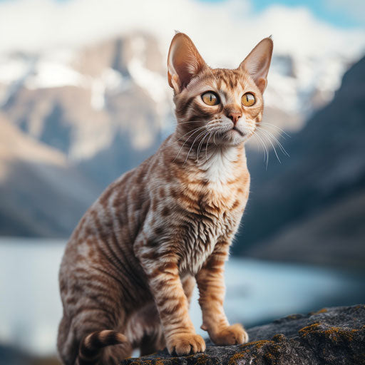 Devon rex cat sitting in front of mountain scenery