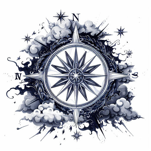Gothic compass rose surrounded by storm clouds and stars