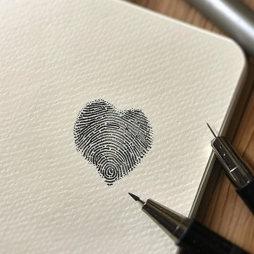 Classic black fingerprint heart tattoo on white sketchbook