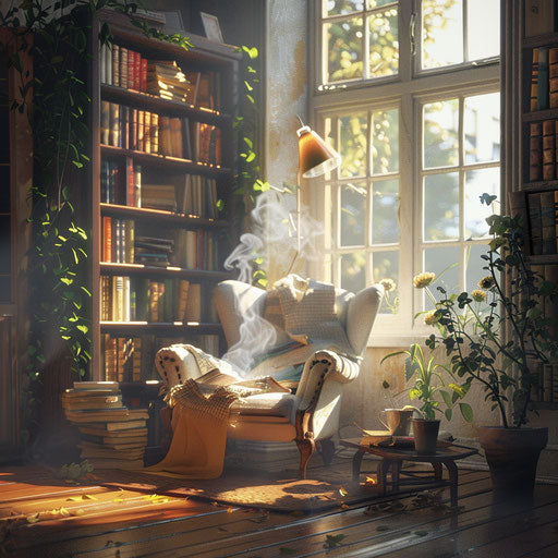 Cozy reading nook with steaming cup of coffee