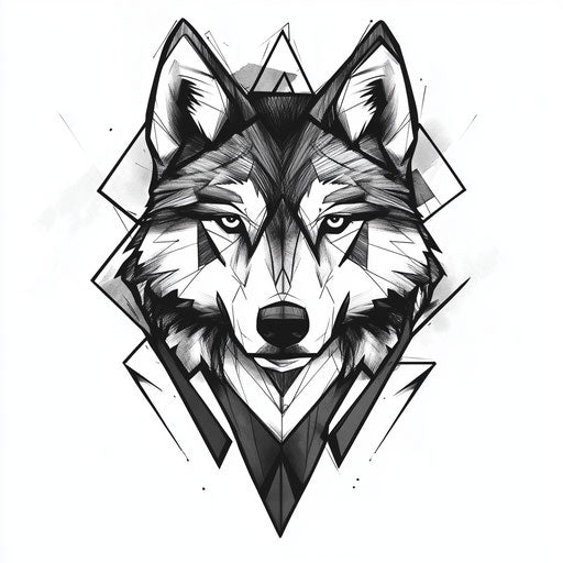 Tattoo sketch for cool forearm, geometric wolf head in black and gray