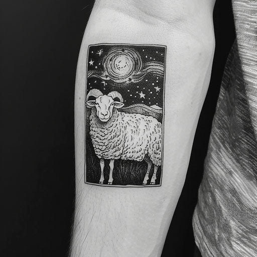 Bold dark flat tattoo sketch with sheep under starry night sky