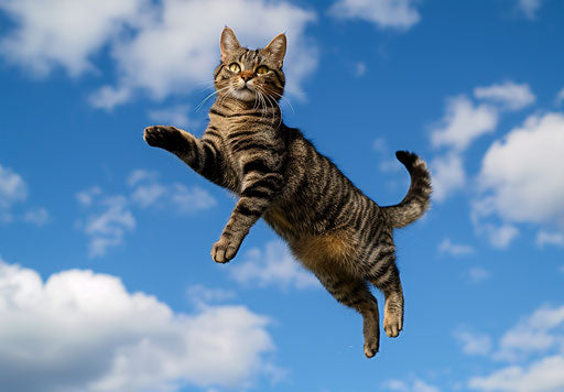 Happy cat jumping blindfolded, staged images style