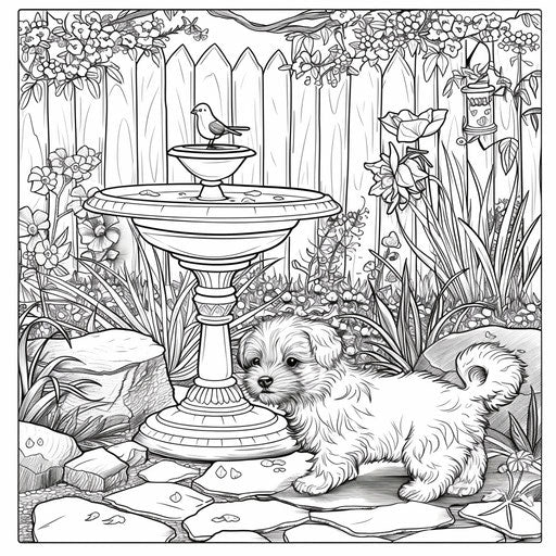 Garden scene with a puppy and a birdbath