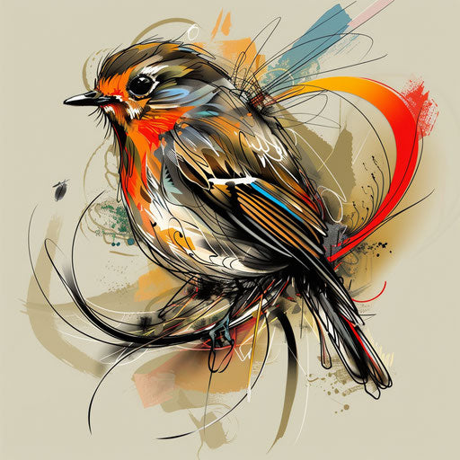 Dynamic flat tattoo sketch of a robin with abstract, colorful tail feathers