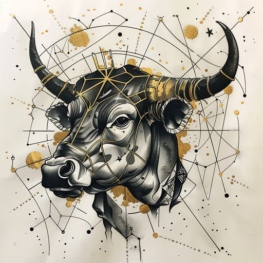 Sophisticated sketch of Taurus constellation with Art Deco elements and gold and black accents