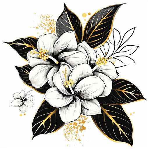 Stylish flat tattoo sketch of a Hawaiian gardenia with gold and white color accents