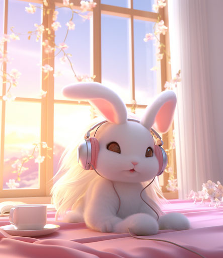 rabbit listening to music on a pink bed with headphones