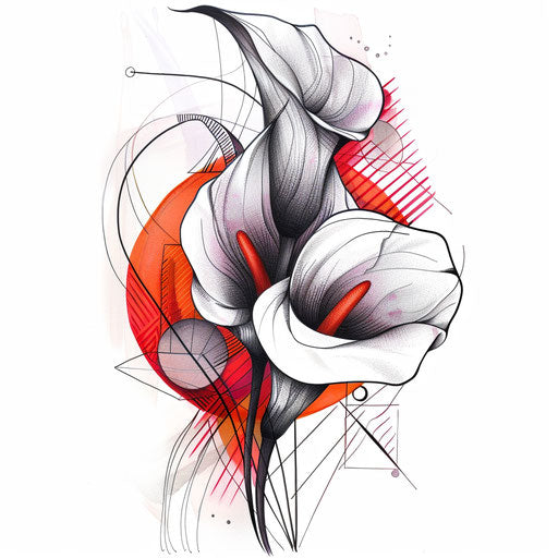 Clipart-style tattoo sketch of a calla lily, intertwined with geometric shapes and vibrant red accents